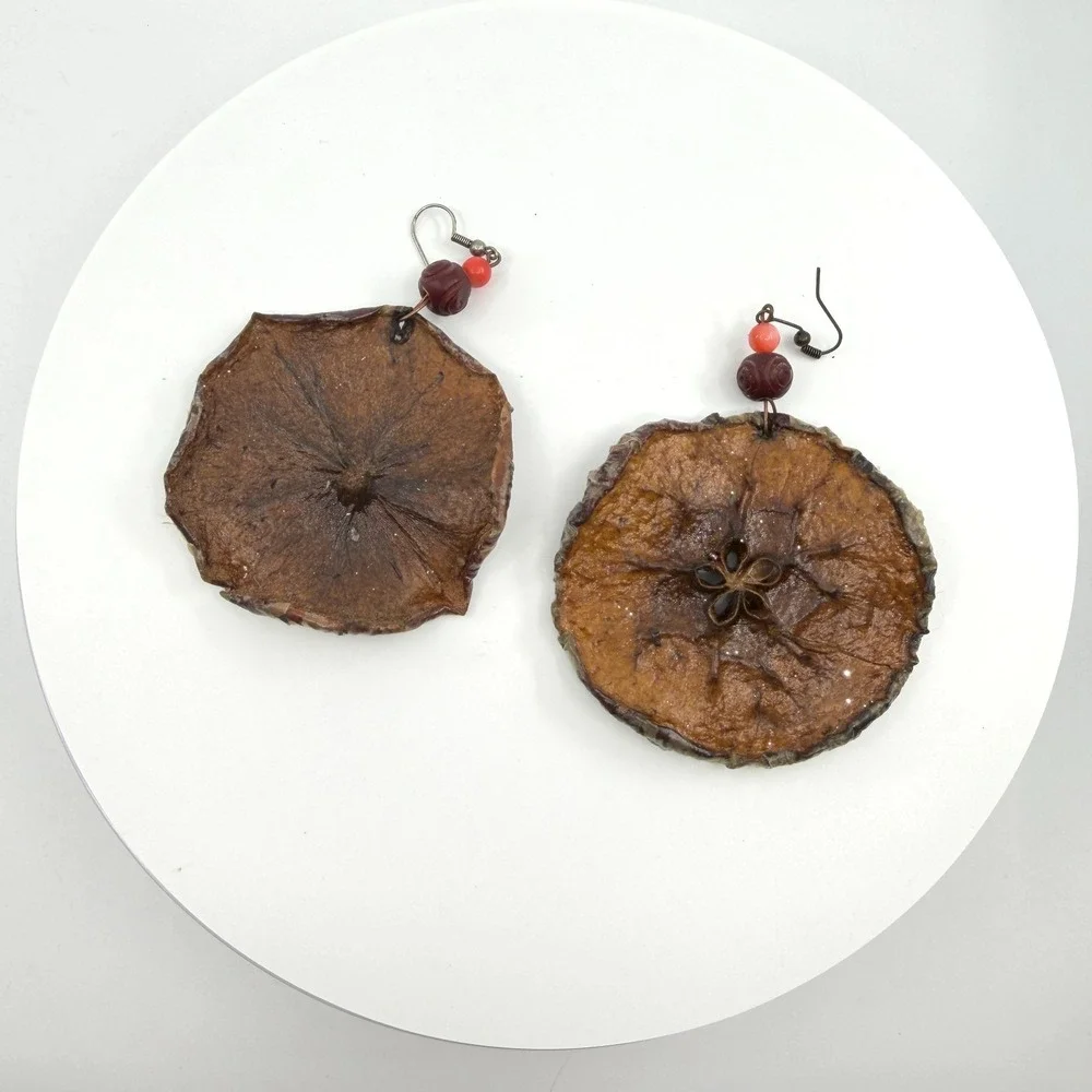 Earrings Dried Apple Slice Dangle Beaded Handmade Cottagecore Statement Vintage